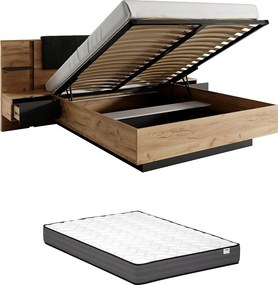 Łóżko ze skrzynią i szafkami nocnymi 140 x 190 cm - Z oświetleniem LED - Naturalny i antracytowy + Materac - ELYNIA