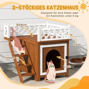 PawHut Dwupoziomowy Domek dla Kota z Balkonem i Schodami, dla Wewnątrz i Na Zewnątrz, dla Kotów i Królików, Drewno Świerkowe, Brązowy