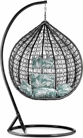 Czarne wiszące krzesło KOKON ze stojakiem, zielono-biała poduszka