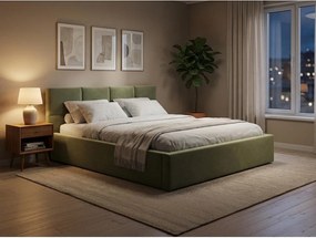 Zielone aksamitne tapicerowane łóżko dwuosobowe ze schowkiem ze stelażem 140x200 cm Hiko – Makamii