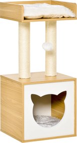 PawHut Cat House Zabawka Pet Ball Zdejmowany Aksamitny Poliester Sizal Dąb 35x35x81cm | Aosom PL
