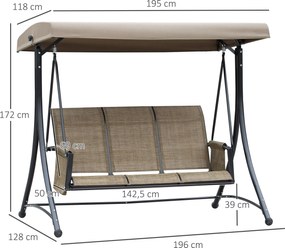Outsunny 3-osobowa Huśtawka Ogrodowa z Daszkiem, Ławka Huśtawkowa z Półką, Aluminium, 196 x 128 x 172 cm, Brązowy