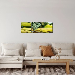 Obraz - rzeka między łąkami, obraz olejny (z zegarem) (90x30 cm)