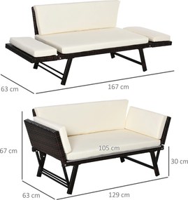Outsunny Sofa ogrodowa 2-osobowa, technorattan, składane podłokietniki, stal, brązowa, 129x63x67cm | Aosom PL