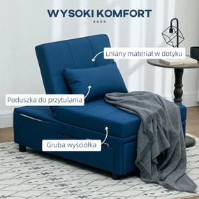HOMCOM 3-w-1 Rozkładany fotel z boczną kieszenią, łóżko gościnne z poduszką, regulowane oparcie, fotel do spania na kółkach, niebieski