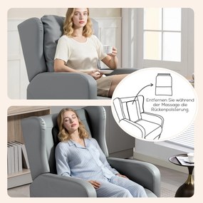 HOMCOM Fotel masujący z funkcją odchylania oparcia, ekoskóra, elektrycznie regulowany, podnóżek, kieszeń boczna, rama stalowa, szary