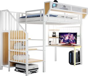 Łóżko piętrowe metalowe - 90 x 200 cm - z biurkiem + półką i siatką na rzeczy + drabinką + diodami LED + gniazdkiem elektrycznym - białe