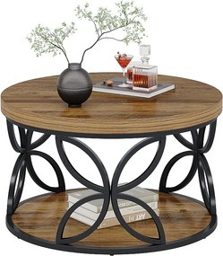 Okrągły stolik kawowy ze schowkiem, 2-poziomowy stolik centralny w kształcie koła do salonu, rustykalny brąz, 80 cm