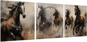 Obraz - Obraz olejny przedstawiający konie (z zegarem) (90x30 cm)