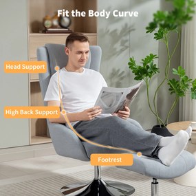 HOMCOM Obrotowy fotel tapicerowany z podnóżkiem, z funkcją oparcia, fotel tapicerowany z podłokietnikami, do salonu, sypialni, Szary