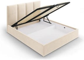 Beżowe tapicerowane łóżko dwuosobowe ze schowkiem ze stelażem 160x200 cm Juniper – Mazzini Beds