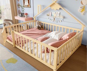 Łóżko typu domki dla dzieci 140x190cm - z barierkami ochronnymi - drewno lite - naturalne (bez materaca)