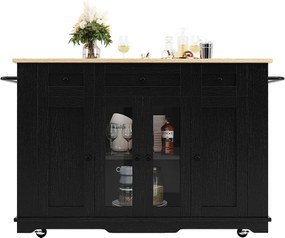 Mobilna wyspa kuchenna z 4 drzwiami, 3 szufladami i półkami bocznymi - Rozkładany blat - 151,5x60(85)x91,7 cm - MDF + szkło - Czarny