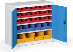 Szafa z plastikowymi pojemnikami BASIC - 800 x 400 x 920 mm, 24xA, 6x B, 4x C, drzwi szare/niebieskie
