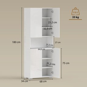 HOMCOM Wysoka szafka kuchenna 180 cm, z funkcją cichego zamykania i regulowanymi półkami, biały wysoki połysk | Aosom PL