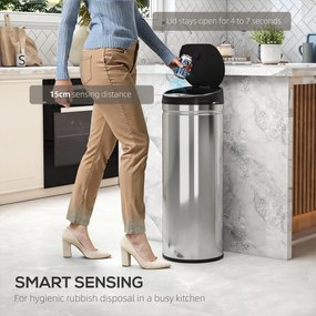 HOMCOM Kosz na śmieci 50 litrów z funkcją Soft-Close, bezdotykowy kosz ze stali nierdzewnej do higienicznych kuchni, biur, srebrny