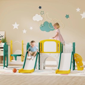 AIYAPLAY 9-w-1 zestaw zjeżdżalni i huśtawki dla maluchów z koszem do koszykówki, teleskopem, tablicą do rysowania, designem żabki, Żółty+Zielony