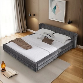 Łóżko podwójne 140×200 cm w tkaninie szenilowej, wygodny zagłówek, solidna rama z eukaliptusa i metalu, łatwy montaż – ciemnoszary