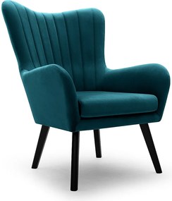 Fotel TED z tkaniny Velluto, wysoka oparcie, szerokie siedzisko, czarne nogi, pionowe przeszycia, 76x78x100 cm, turkusowy