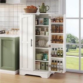 Wysoka komoda kuchenna - 60 x 40 x 120 cm - z oświetleniem LED + 2 drzwi z regulowanymi półkami i półkami na drzwiach - MDF - biała