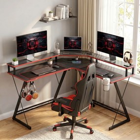 HOMCOM Biurko komputerowe w kształcie L z gniazdkami, narożne biurko 128 cm z podstawką na monitor, haczykiem na słuchawki &amp; uchwytem na napoje | Aosom PL