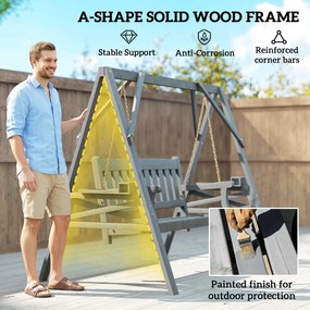 Outsunny 2-osobowa huśtawka ogrodowa z drewna, ławka bujana z półkami, uchwytami na napoje i łańcuchami, szara | Aosom PL