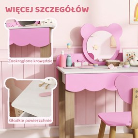 AIYAPLAY Zestaw toaletki dla dzieci z hokerem, lustro w kształcie misia, szuflada, MDF, różowy