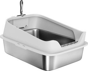 PawHut Kuweta ze stali nierdzewnej otwarta z łopatką, wysoki brzeg dla dużych kotów do 7 kg, 60,2 x 40,2 x 29,7 cm, Szary | Aosom PL