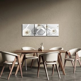 Abstrakcyjny obraz z białawymi kwiatami (z zegarem) (90x30 cm)
