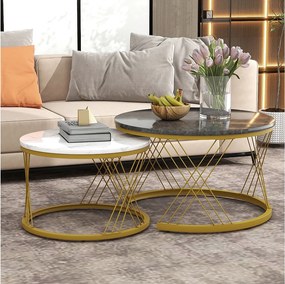 Wsuwane stoliki kawowe z drewna - Biała okleina imitująca marmur i złoty metal - MDF - do salonu - Szaro-białe