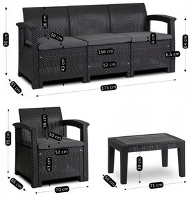 Zestaw mebli na taras Brandon - sofa, 2 fotele i stolik kawowy, czarny/ciemnoszary