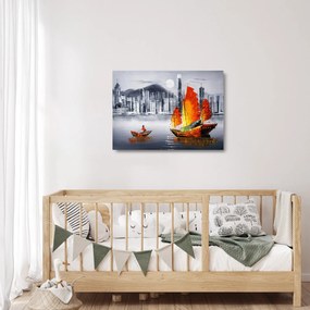Obraz na szkle - Victoria Harbor, Hongkong, czarno-biały obraz olejny (70x50 cm)