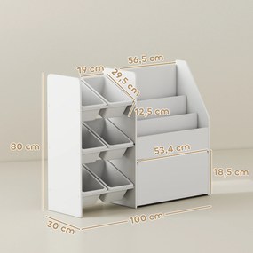 AIYAPLAY Regał na zabawki, regał do pokoju dziecięcego z 6 pojemnikami, półka na książki, rolowany pojemnik, 100 x 30 x 80 cm, MDF, stal, Biały