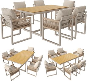Zestaw ogrodowy 7-częściowy - 1 stół i 6 krzeseł - z plecionym sznurkiem i poduszkami - Metal - beżowy