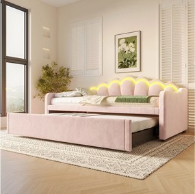łóżko wysuwane - 90/180 x 200 cm - sofa rozkładana z LED-ami - bez materaca - aksamit + MDF - różowy