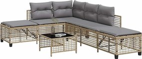 Zestaw ogrodowy narożny 3-częściowy z beżowej plecionej żywicy z szarymi poduszkami, regulowanymi bocznymi siedziskami i stołem ze szkła hartowanego