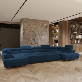 Masseno Narożnik ISOLANO z funkcją spania i pojemnikiem na pościel Narozniki U, Rozkładana sofa - Niebieski, MONOLITH 77