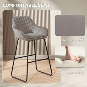 HOMCOM Zestaw 2 Barowych Stołków z Materiałowym Pokryciem i Piankowym Wypełnieniem, Krzesła Barowe z Metalowymi Nogami, Szare