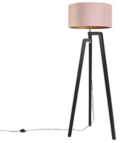 Lampa podłogowa trójnóg czarna z różowym kloszem i złotem 50 cm - PurosWiejski/ Rustykalny / Vintage Oswietlenie wewnetrzne