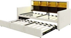 Rozkładana sofa z poduszkami 90x190cm - z oświetleniem LED - z gniazdem ładowania - z wysuwane łóżko - tkanina welurowa - beżowy