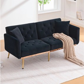 Sofa 2-osobowa z podłokietnikami - Prosta sofa z regulowanym oparciem i 2 poduszkami - czarny aksamit