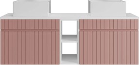 Wisząca, prążkowana szafka łazienkowa z wnękami i podwójną, kwadratową umywalką nablatową – Różowa – L140 cm – SATARA