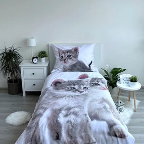 Biało-szara bawełniana pościel dziecięca jednoosobowa 140x200 cm Kitten "Grey" – Jerry Fabrics