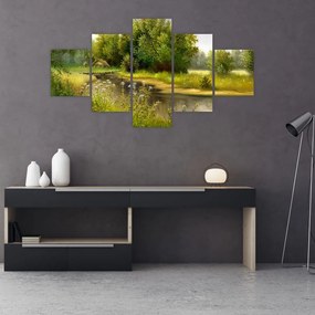 Obraz - Rzeka przy lesie, obraz olejny (125x70 cm)