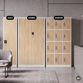 Szafa biurowa metalowa z zamkiem na szyfr biała/dąb sonoma, 900x1850x400 mm: DANIEL Eco Design