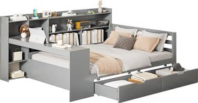 Łóżko 140 x 200 cm z wezgłowiem i 2 szufladami - biurko, przegródki i porty USB - Sosna + sklejka + MDF - Szare