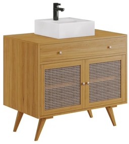 Szafka łazienkowa z jasnego drewna tekowego z plecionką i umywalką ceramiczną - 90 cm - MANSULAN