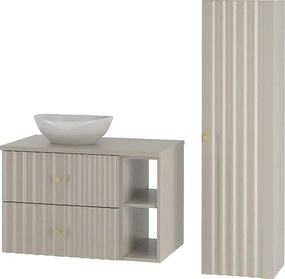 Kaszmirowy Zestaw Łazienkowy 80cm Szafka z Blatem Umywalka Regał Słupek Ryflowane Fronty Aqua