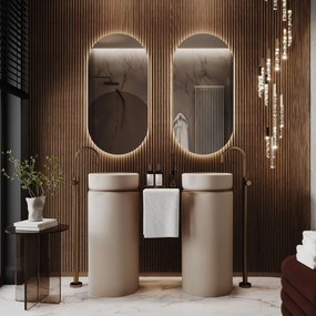 Dwie umywalki z konglomeratu wolnostojące 85 x 40 cm RONA połączone półką szklaną z otworem na ręcznik | Różne kolory półki : Kolor szklanej półki - Niebieski, Kolor umywalki RONA - Beż połysk, Podłączenie syfonu - Do ściany