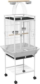 PawHut Klatka dla ptaków, klatka dla papug z 3 drzwiami, 2 żerdziami, kółkami 360°, miską na karmę, półką, wyjmowaną tacą, 62,5x62,5x156 cm, biały | Aosom PL